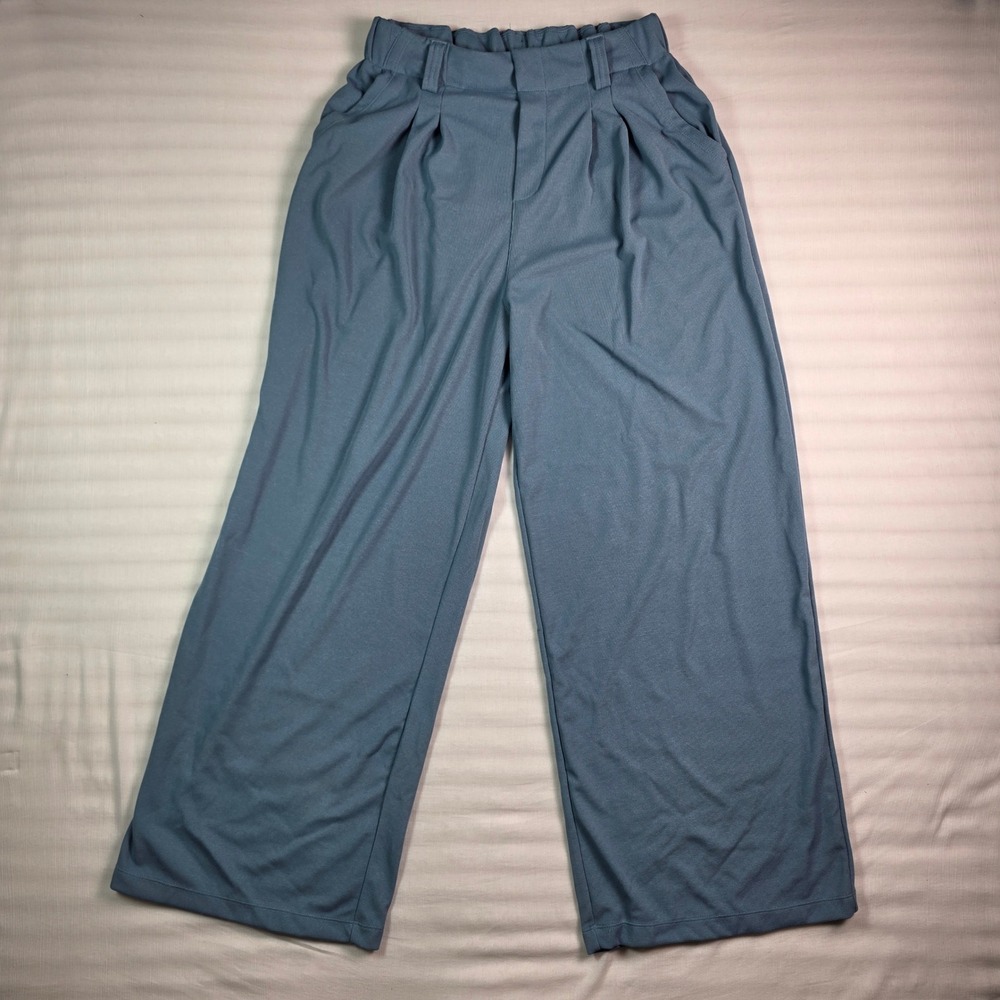 Halara Women Blue Wide Leg Pleated Trousers Elastic Waist Pockets Size M Regular